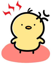 Cartoon yellow chick standing on a pink oval patch with a surprised expression and red motion marks above its head.