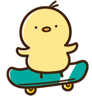 Cute yellow chick riding a teal skateboard on a white background while looking forward.