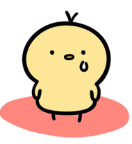 Cute yellow cartoon chick standing on a pink oval with a single tear on its cheek, looking a bit sad.