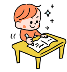 Happy child studying at a yellow desk, writing in an open notebook.