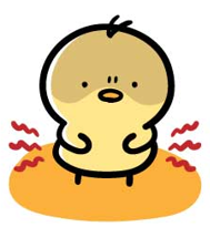 Cute yellow chick standing on orange ground with red heat waves around, looking worried or concerned