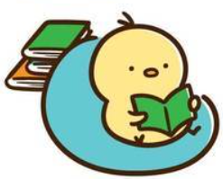 Cute yellow chick sitting on a blue cushion and reading a green book, with a stack of books behind it.
