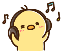 Cartoon yellow chick wearing headphones and smiling with closed eyes, enjoying music with musical notes around it.